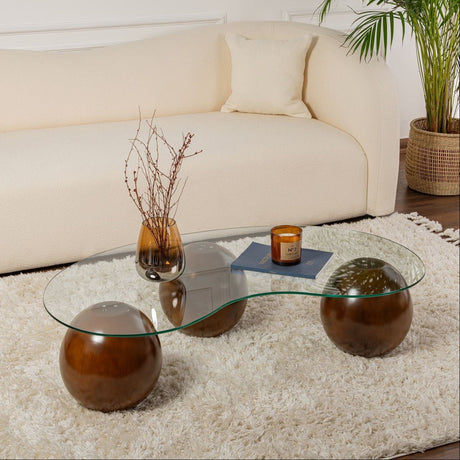 Coffee tables - Organic coffee table transparent glass walnut ball legs Sphere 120x70 cm - Dimehouse