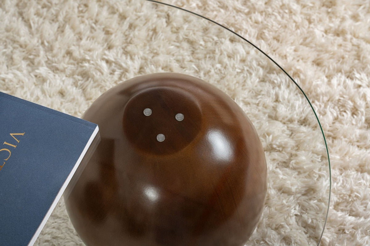 Coffee tables - Organic coffee table transparent glass walnut ball legs Sphere 120x70 cm - Dimehouse