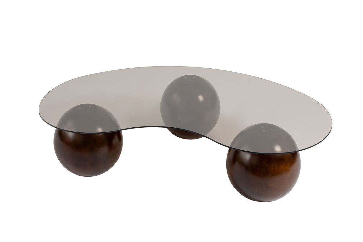 Coffee tables - Organic coffee table bronze tinted glass walnut ball legs Sphere 120x70 cm - Dimehouse