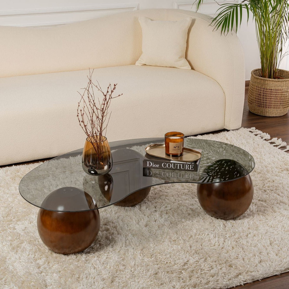 Coffee tables - Organic coffee table gray tinted glass walnut ball legs Sphere 120x70 cm - Dimehouse