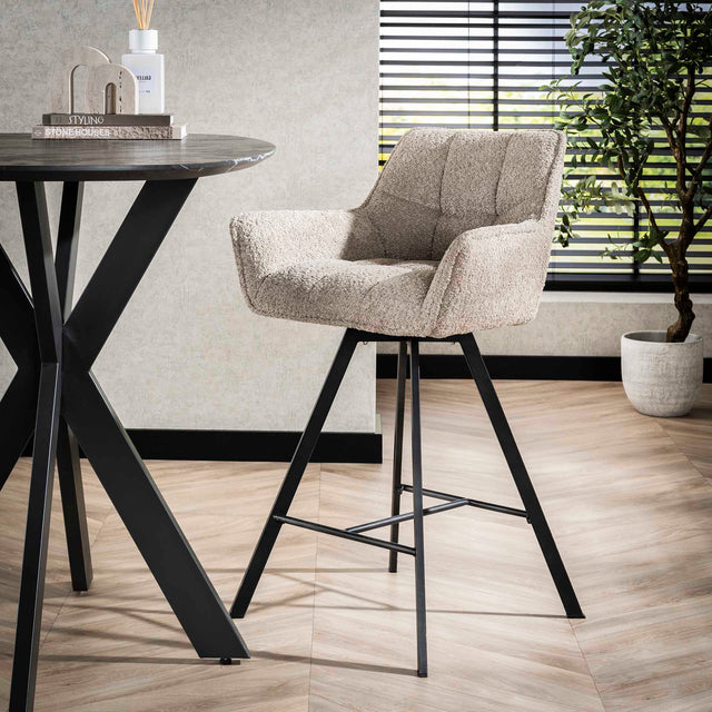 Bar Stools - Set of 2 Bar Stools Lino Bouclé Sand Rotatable Grid - Dimehouse