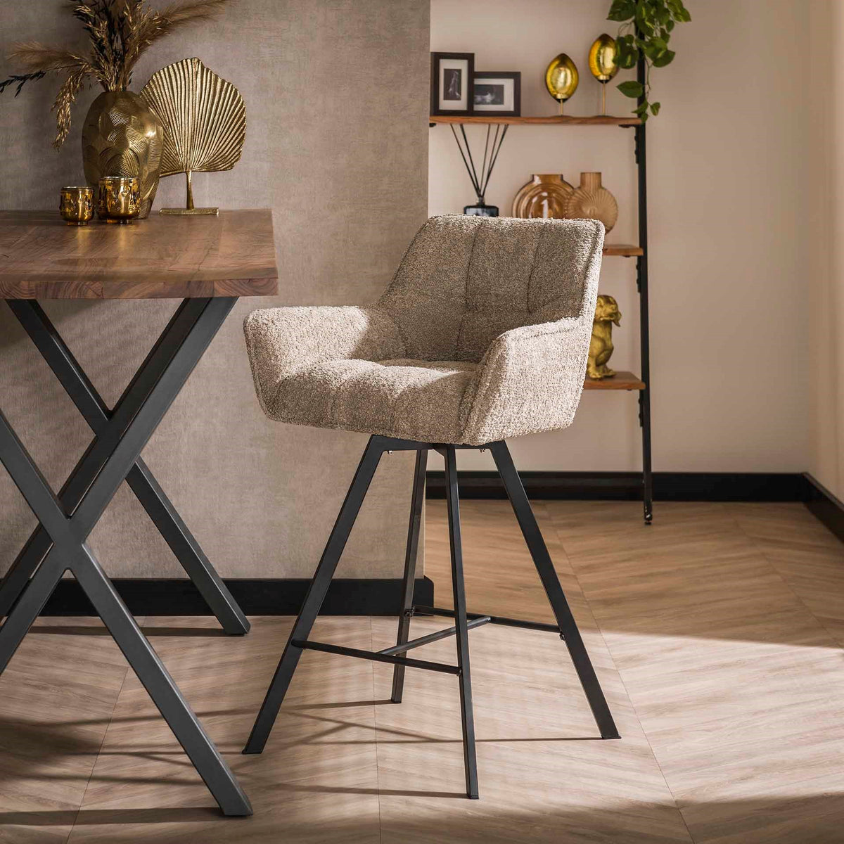 Bar Stools - Set of 2 Bar Stools Lino Bouclé Sand Rotatable Grid - Dimehouse