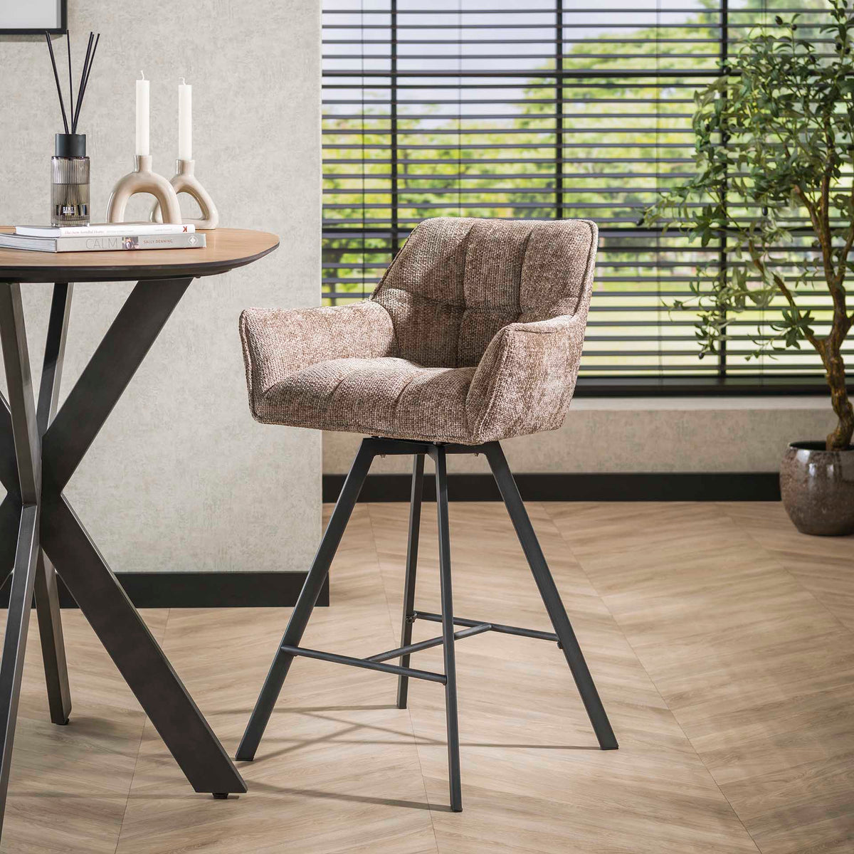 Bar stools - Bar stool Lino Chenille Fabric Rich Champagne Rotatable - Dimehouse