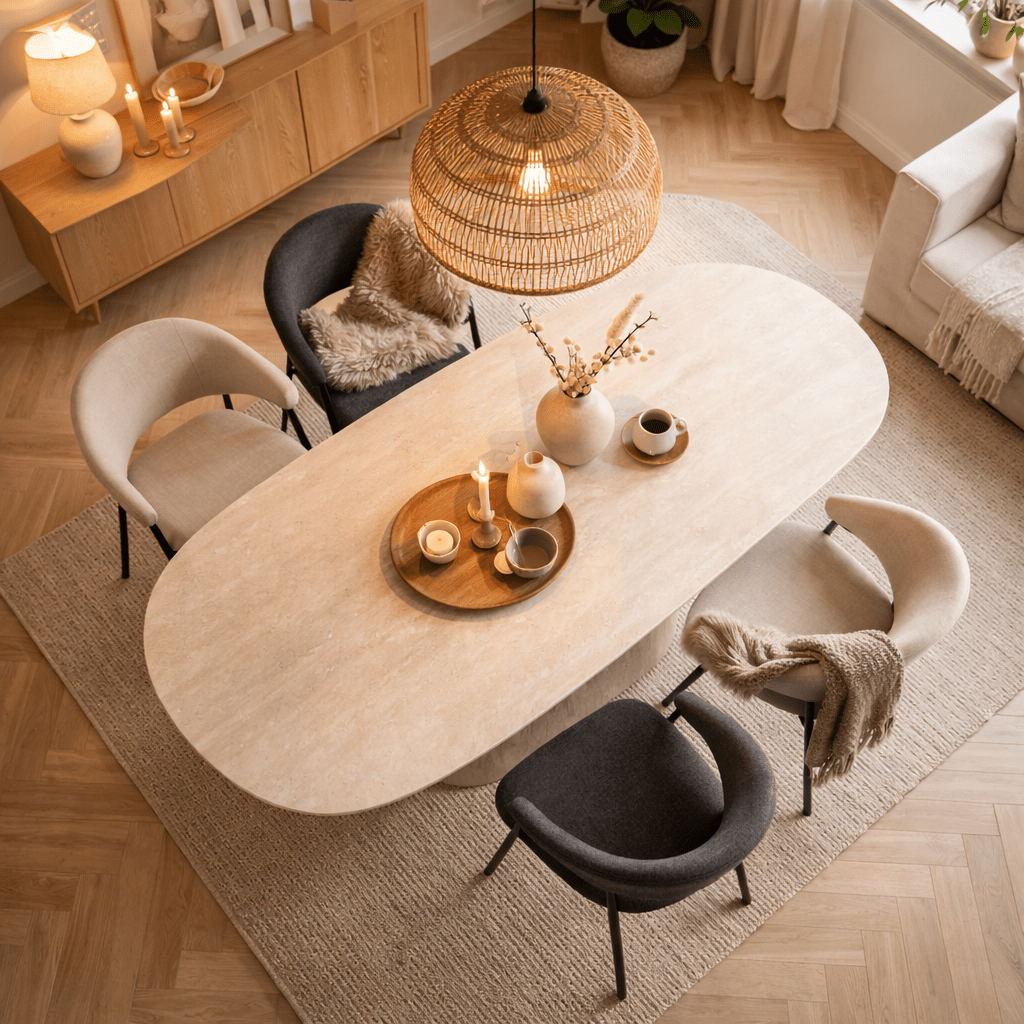 Dining tables - Sintered Stone Marble Look Travertine Dining Table Lea 180x90 cm - Danish Oval - Dimehouse