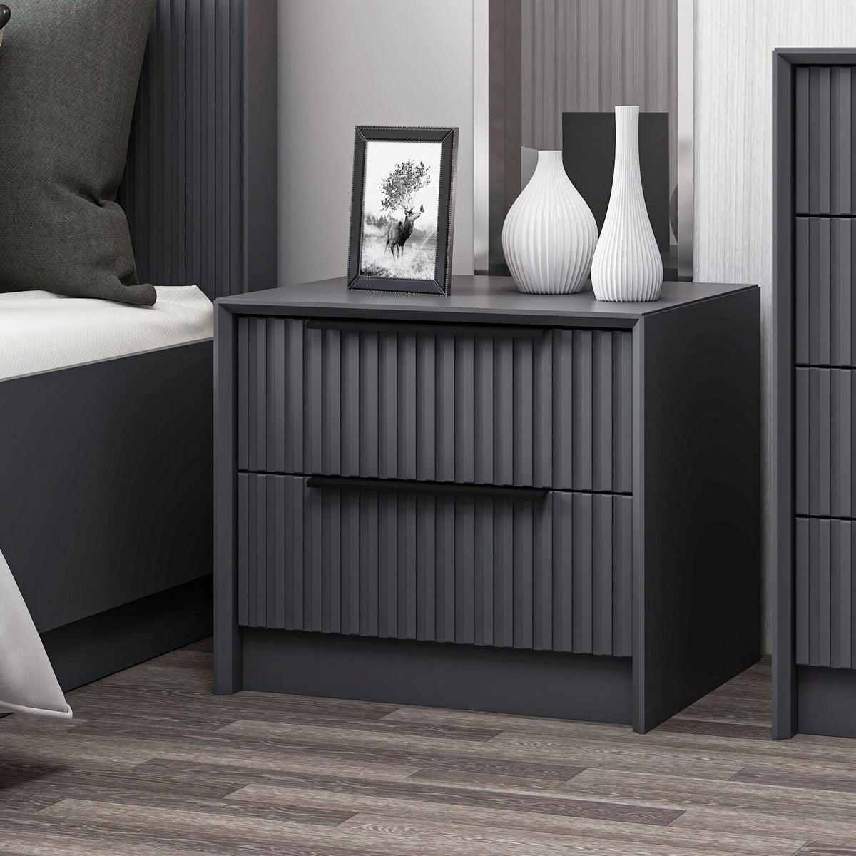 Bedside tables - Bedside table Kale Luxury Anthracite Melamine 45x53x45 cm - Dimehouse