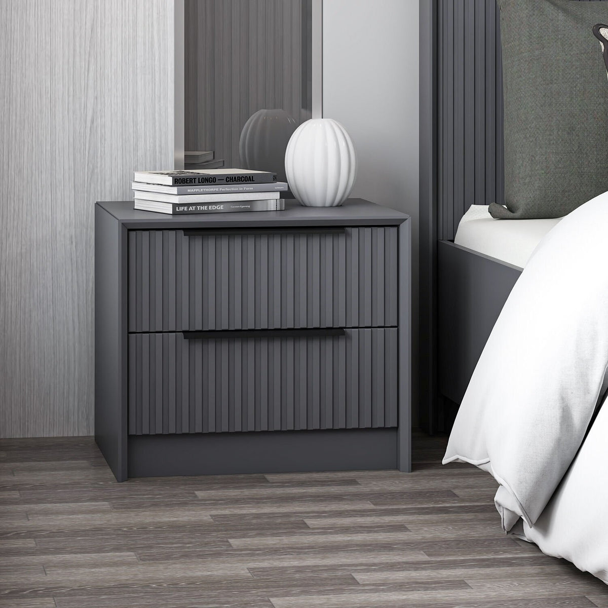Bedside tables - Bedside table Kale Luxury Anthracite Melamine 45x53x45 cm - Dimehouse