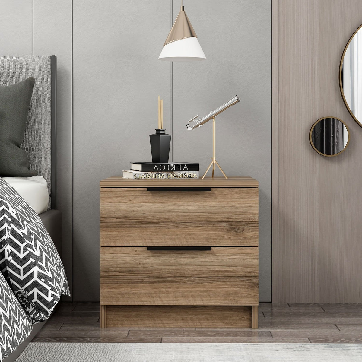 Bedside tables - Bedside table Kala Plus Walnut Melamine 54x40x47 cm - Dimehouse
