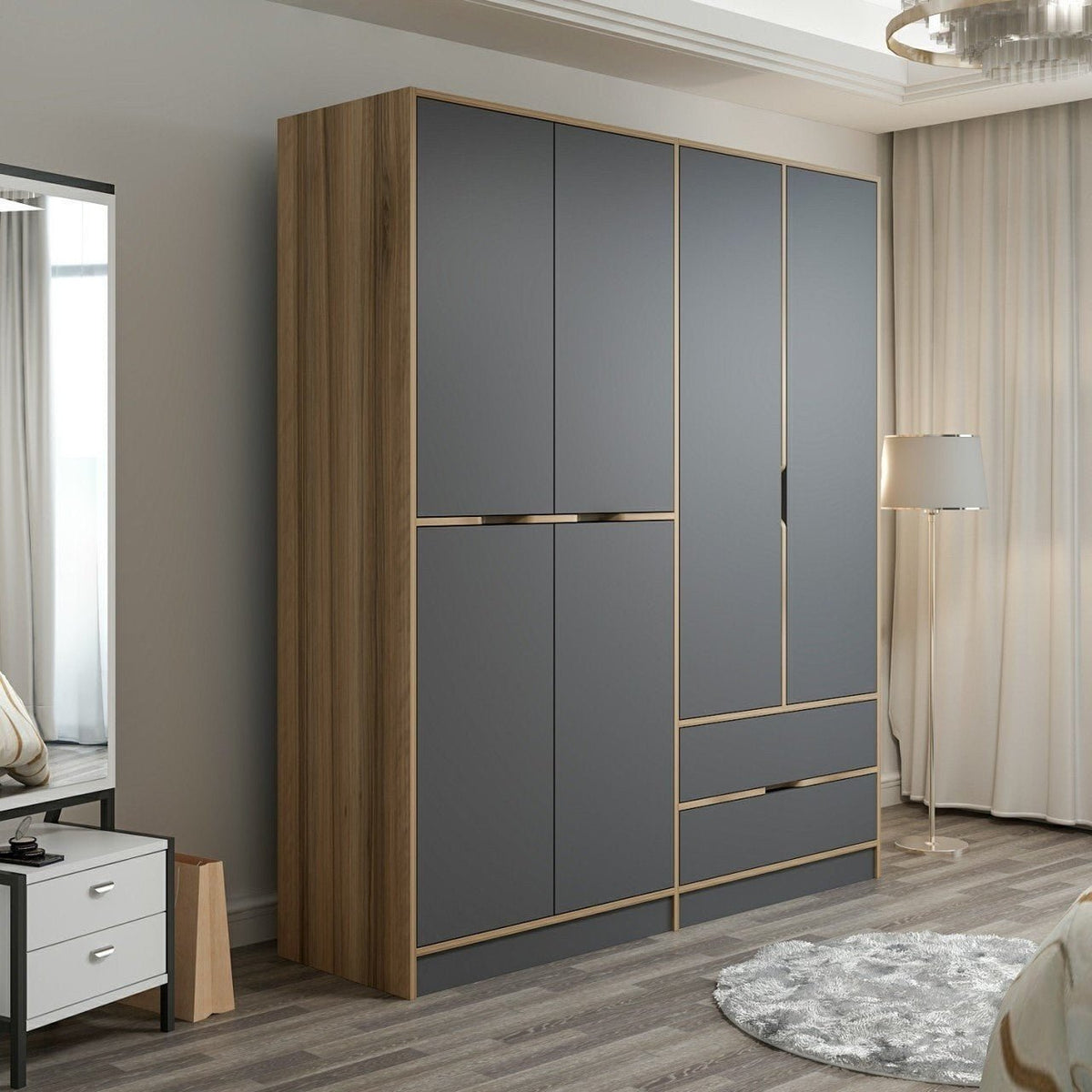 Wardrobes - Wardrobe Elina Anthracite Gold Melamine 185x208x52 cm - Dimehouse