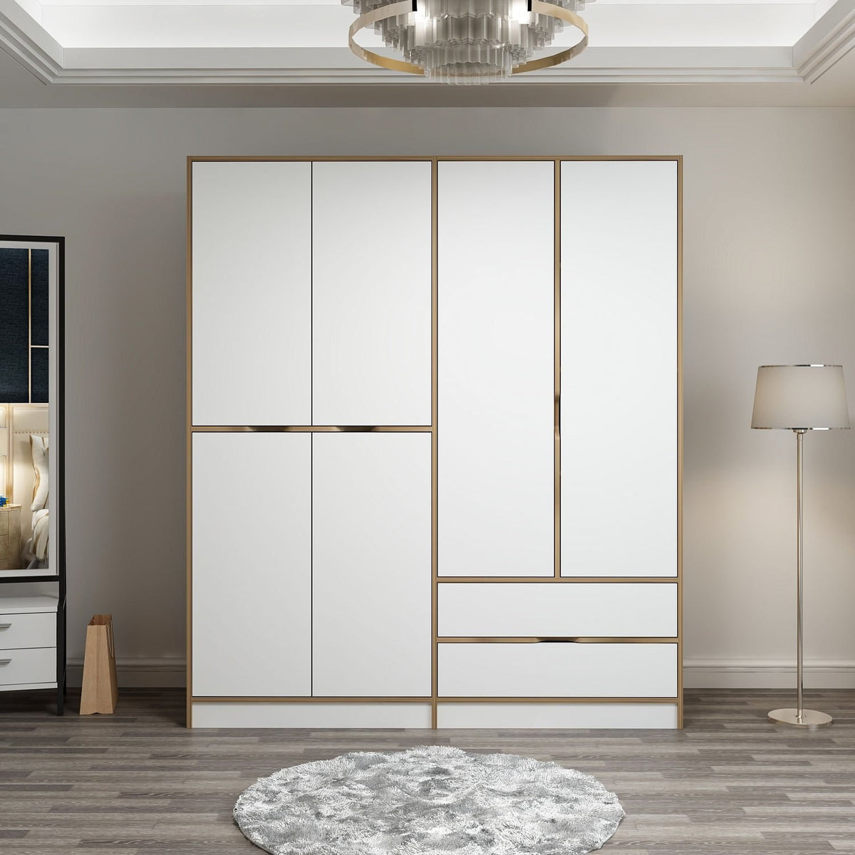 Wardrobes - Wardrobe Elina White Gold Melamine 185x208x52 cm - Dimehouse
