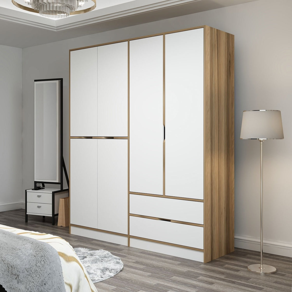 Wardrobes - Wardrobe Elina White Gold Melamine 185x208x52 cm - Dimehouse