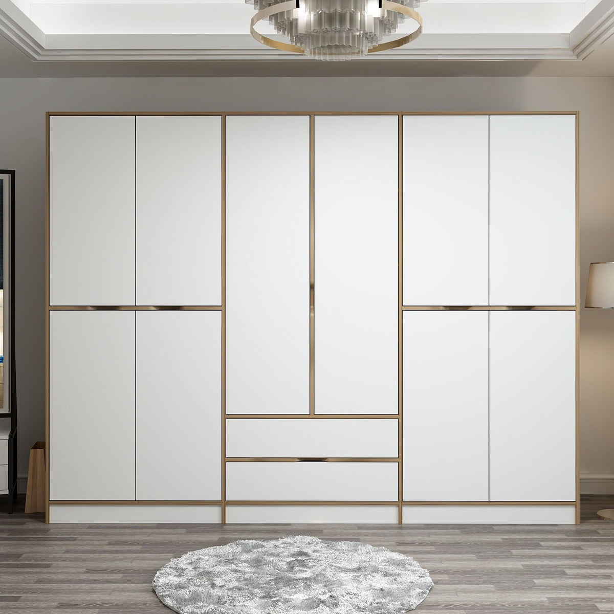Wardrobes - Wardrobe Elina White Gold Melamine 277x208x52 cm - Dimehouse