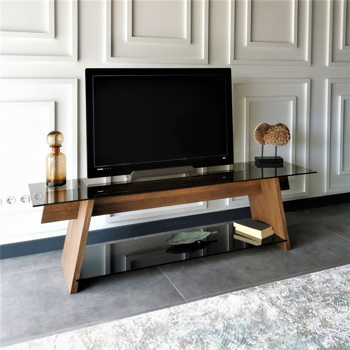 TV Furniture - TV Furniture Coral Walnut Black Glass 158x45x40 cm - Dimehouse