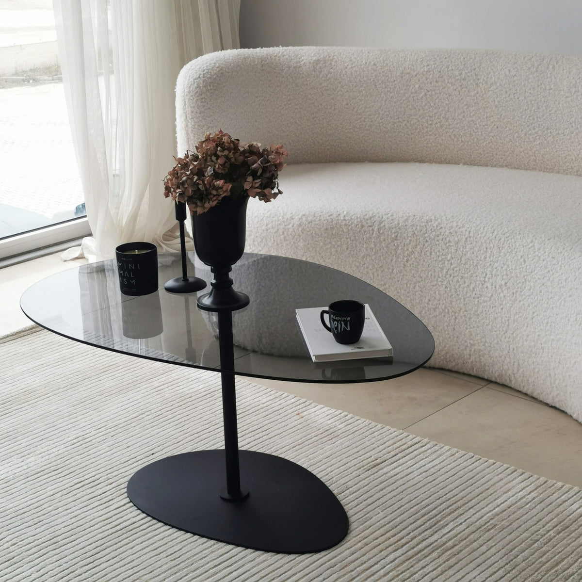 Coffee Tables - Organic Design Coffee Table Tinted Glass Torpo - Black Metal Frame - Dimehouse