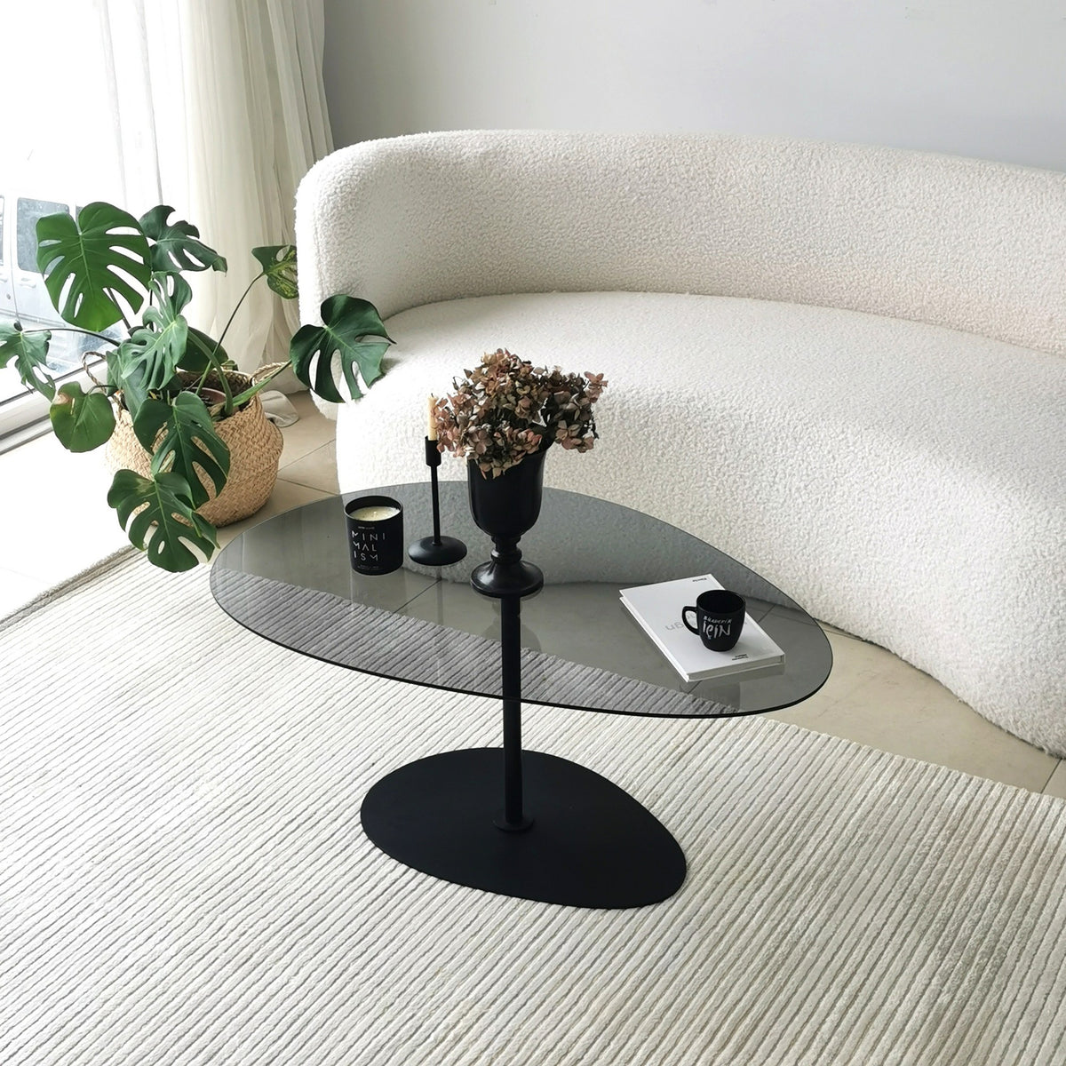 Coffee Tables - Organic Design Coffee Table Tinted Glass Torpo - Black Metal Frame - Dimehouse