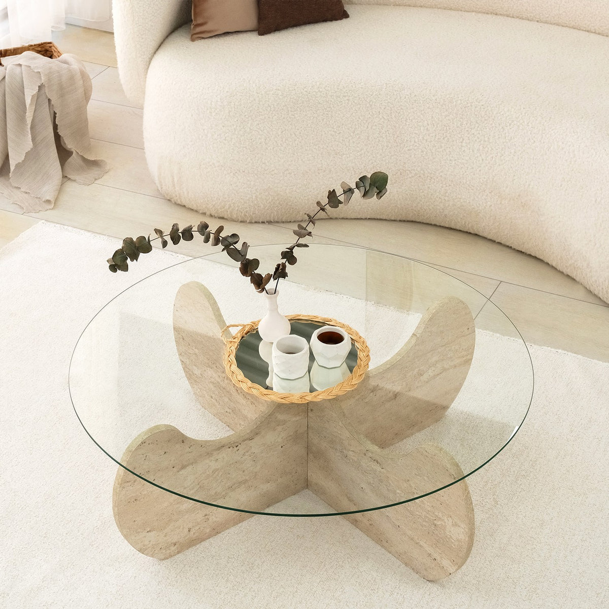 Coffee tables - Coffee table Round Glass 75 cm Travertine - Hima - Dimehouse
