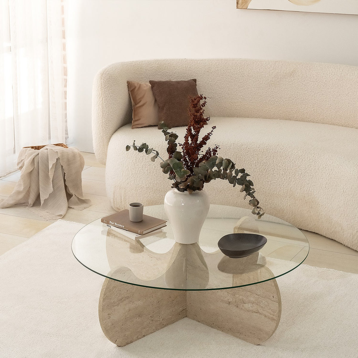 Coffee tables - Coffee table Round Glass 75 cm Travertine - Hima - Dimehouse