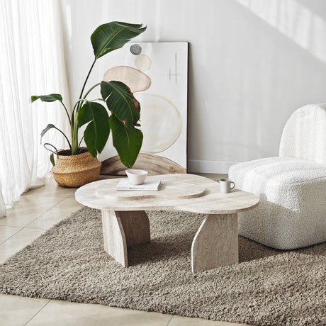 Coffee tables - Organic Coffee Table Travertine Melamine marble look Melta - 105x65 cm - Dimehouse