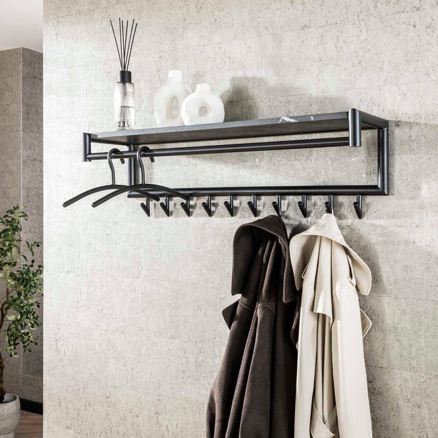Coat racks - Coat rack Kimi 10 - Angled Black Ceramic - With rod and hat shelf - Dimehouse