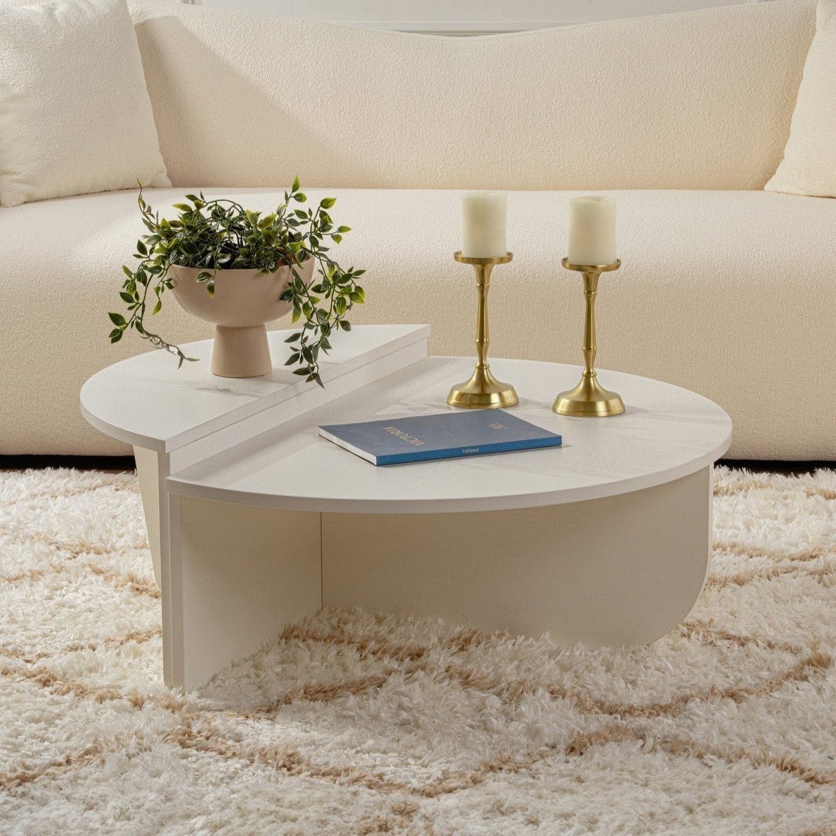 Coffee Tables - Round Coffee Table Wood White 85 cm Wood Look Melamine Orin - Dimehouse