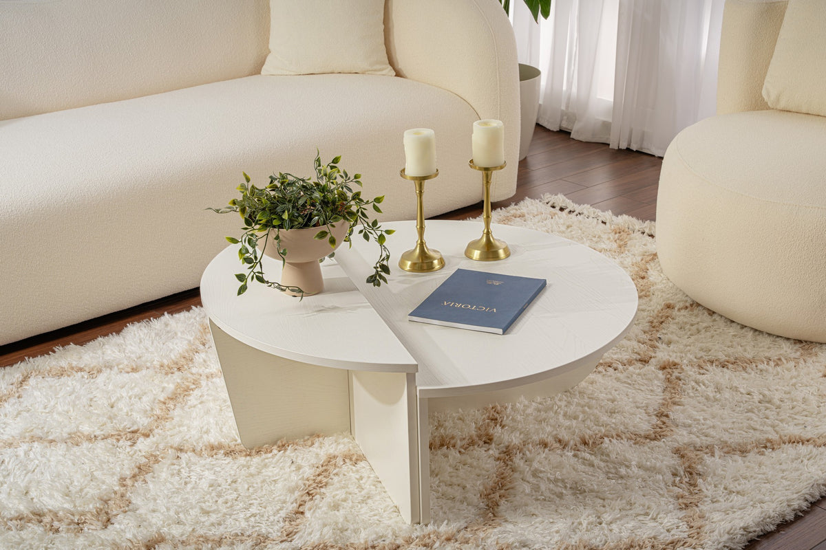 Coffee Tables - Round Coffee Table Wood White 85 cm Wood Look Melamine Orin - Dimehouse