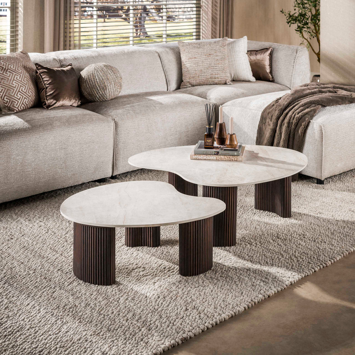 Coffee tables - Set of 2 organic coffee tables Cruz - ceramic Taj Mahal dark brown wood look ribbed - Dimehouse