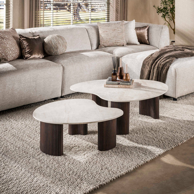 Coffee tables - Set of 2 organic coffee tables Cruz - ceramic Taj Mahal dark brown wood look ribbed - Dimehouse