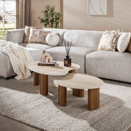 Coffee tables - Set of 2 organic coffee tables Cruz - ceramic Travertine oak - ribbed look - Dimehouse