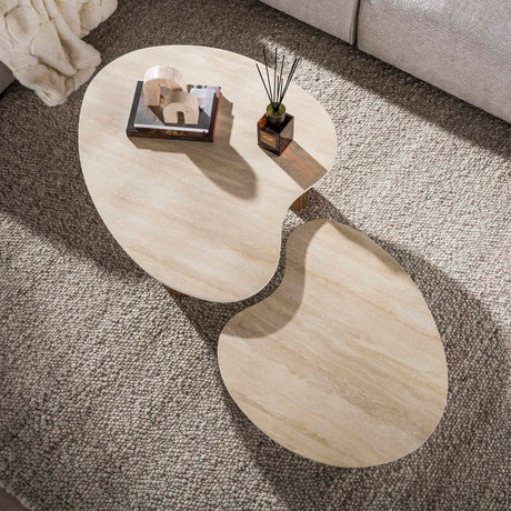 Coffee tables - Set of 2 organic coffee tables Cruz - ceramic Travertine oak - ribbed look - Dimehouse