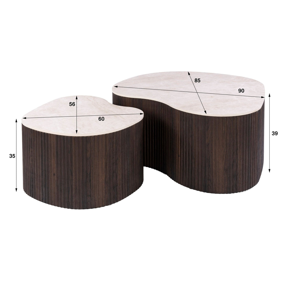 Set of 2 organic coffee tables Cruz bold - ceramic Taj Mahal dark brown wood look ribbed - white photo with dimensions