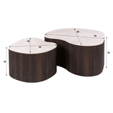 Set of 2 organic coffee tables Cruz bold - ceramic Taj Mahal dark brown wood look ribbed - white photo with dimensions