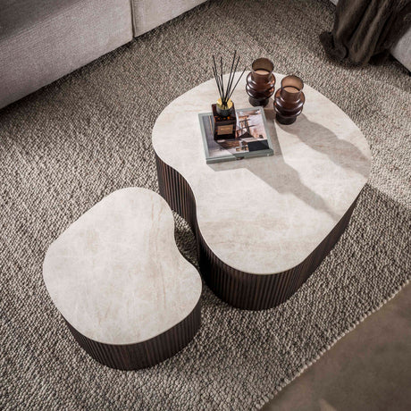 Set of 2 organic coffee tables Cruz bold - ceramic Taj Mahal dark brown wood look ribbed - top view