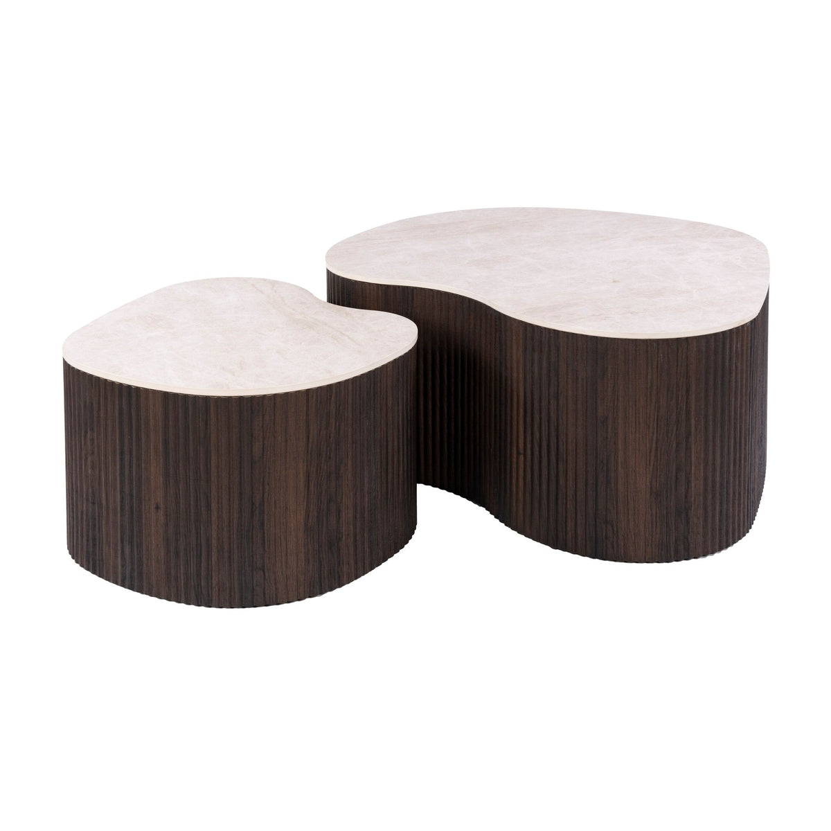 Set of 2 organic coffee tables Cruz bold - ceramic Taj Mahal dark brown wood look ribbed - white photo