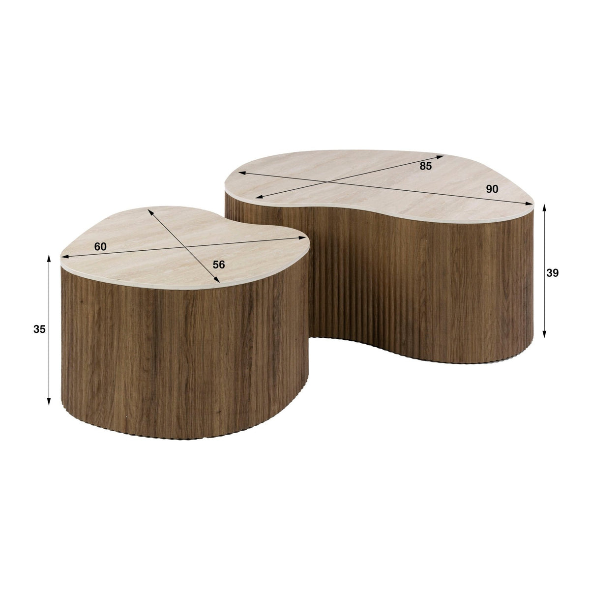 Set of 2 organic coffee tables Cruz bold - ceramic Travertine - white photo with dimensions