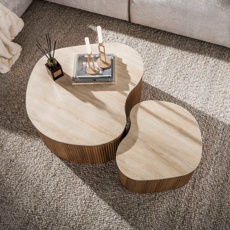 Set of 2 organic coffee tables Cruz bold - ceramic Travertine - top view