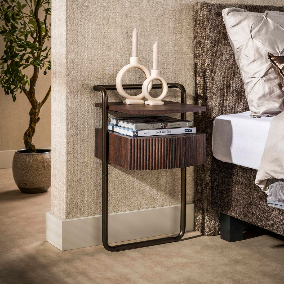 Bedside table - Bedside table with 1 drawer dark brown wood bronze frame Blaze - Dimehouse
