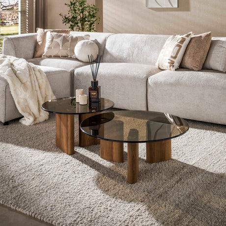 Set of 2 round coffee tables with glass top and oak-look legs
