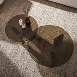 Set of 2 round coffee tables with glass top and oak-look legs