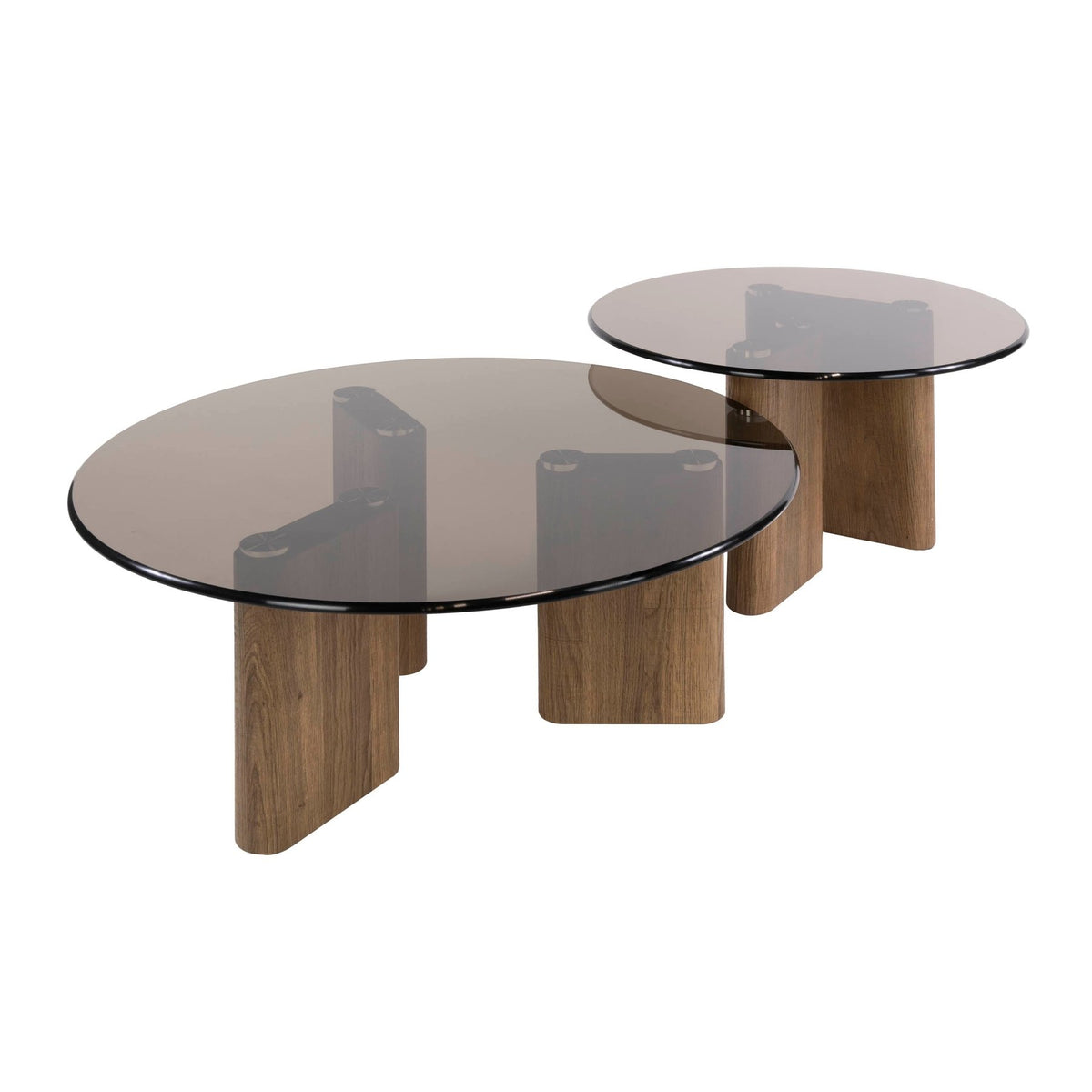 Set of 2 round coffee tables with glass top and oak-look legs, white photo