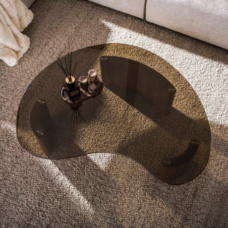 Organic coffee table smoked glass table top and oak wood-look legs top view
