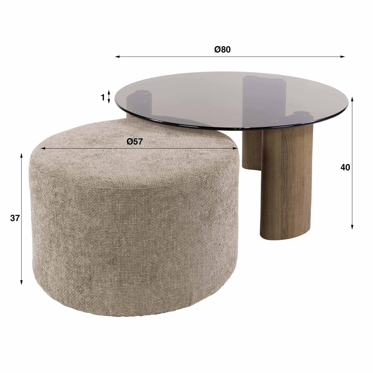Round coffee table set table with ottoman - white photo with dimensions