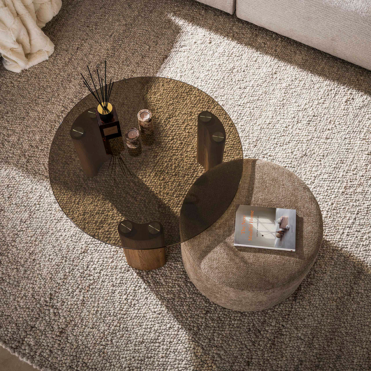 Round coffee table set table with ottoman - top view