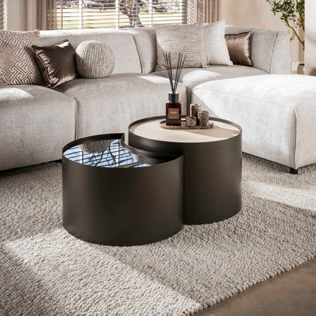 Coffee tables - Set of 2 coffee tables Moony – metal frame & ceramic travertine look and glass - Dimehouse