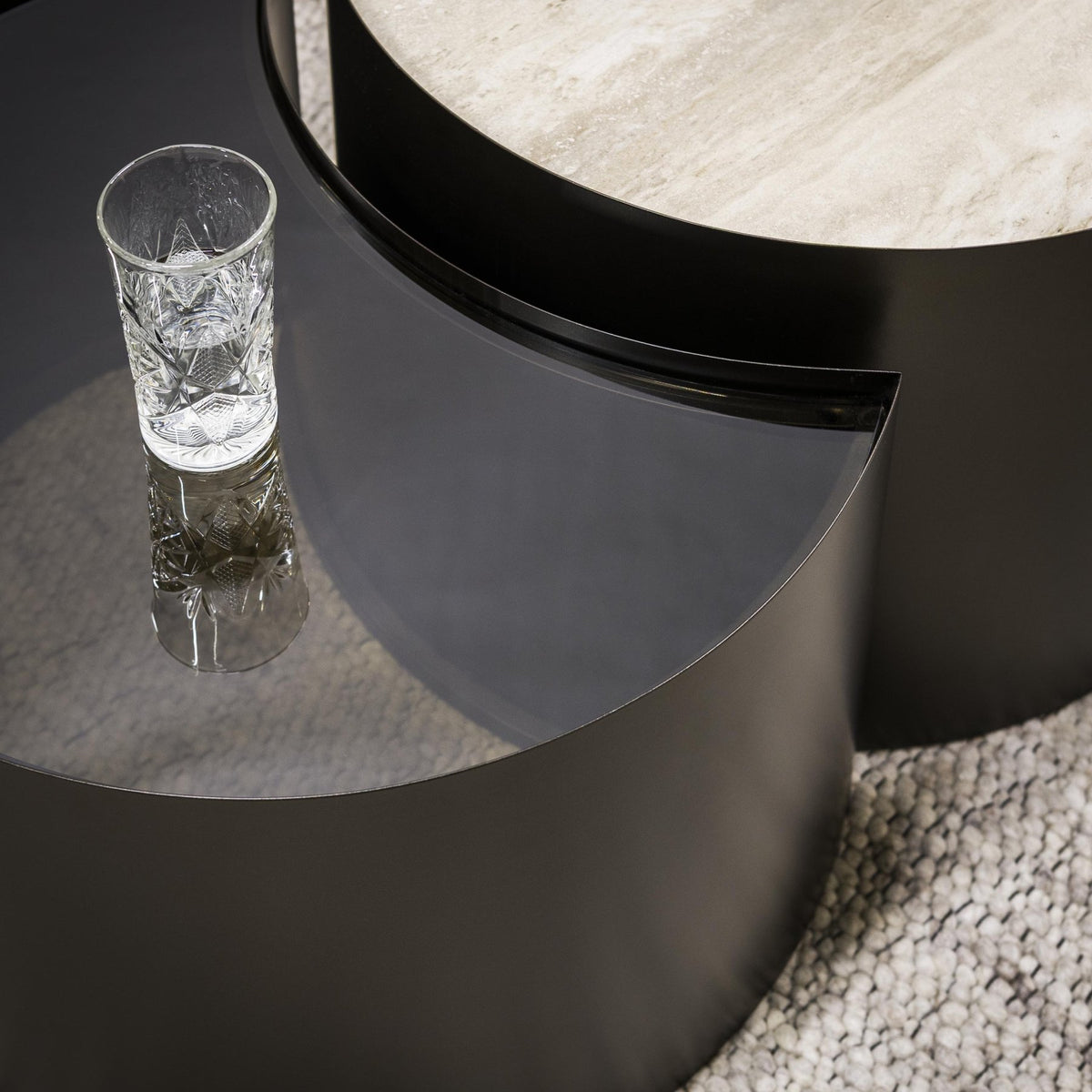 Coffee tables - Set of 2 coffee tables Moony – metal frame & ceramic travertine look and glass - Dimehouse