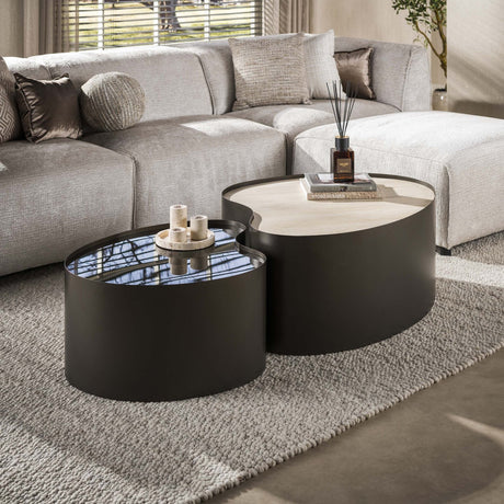 Coffee tables - Set of 2 organic coffee tables Moony - metal frame & ceramic travertine look and glass - Dimehouse