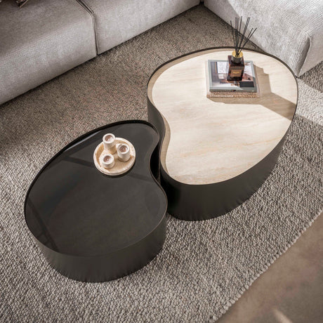 Coffee tables - Set of 2 organic coffee tables Moony - metal frame & ceramic travertine look and glass - Dimehouse