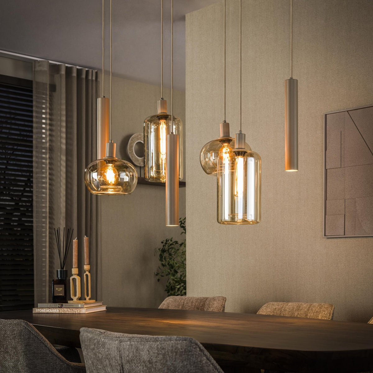 Hanging lamp - Hanging lamp Sera 7 - light beige metal amber glass - Dimehouse