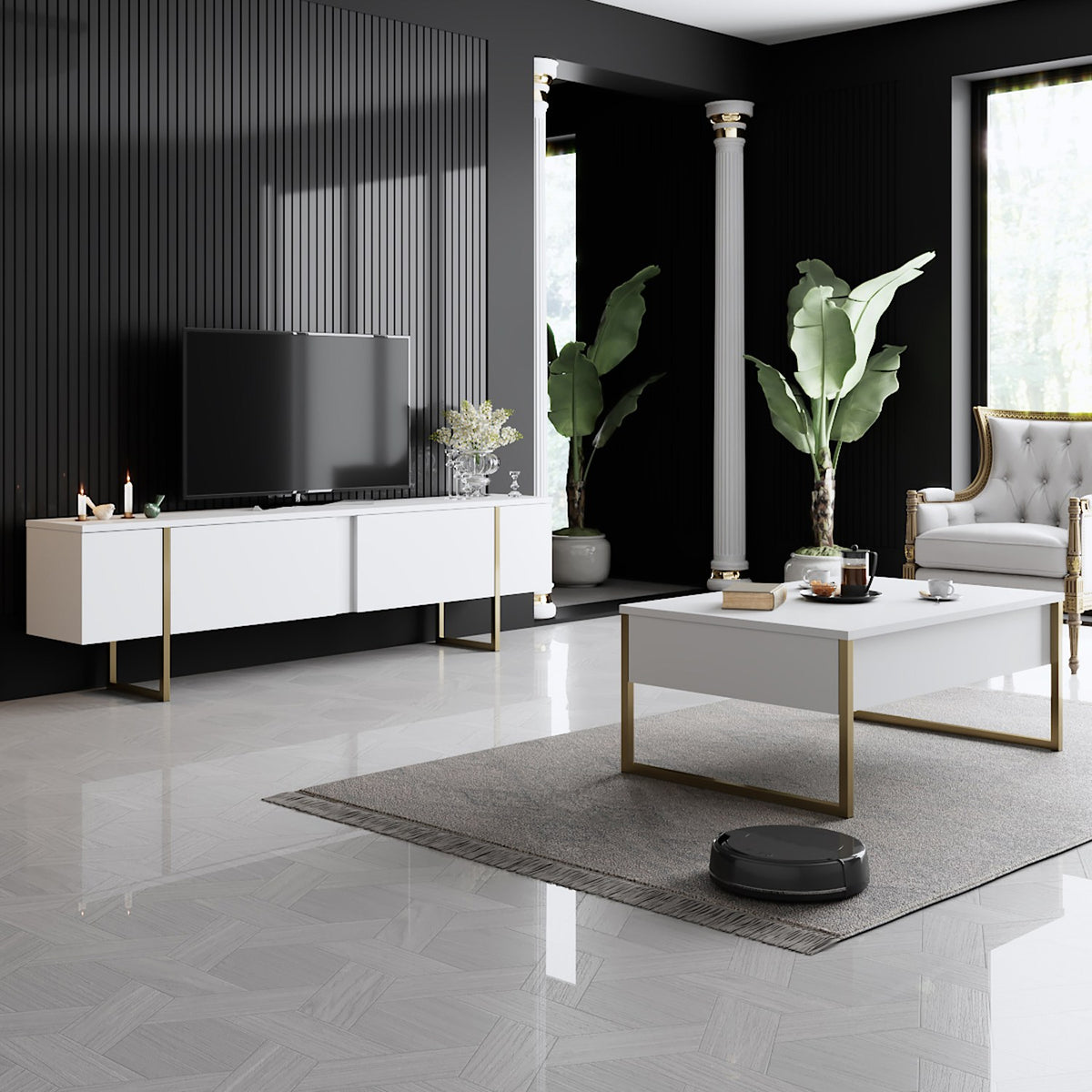 TV Furniture - TV Furniture Luxury White Gold Melamine 180x50x30 cm - Dimehouse