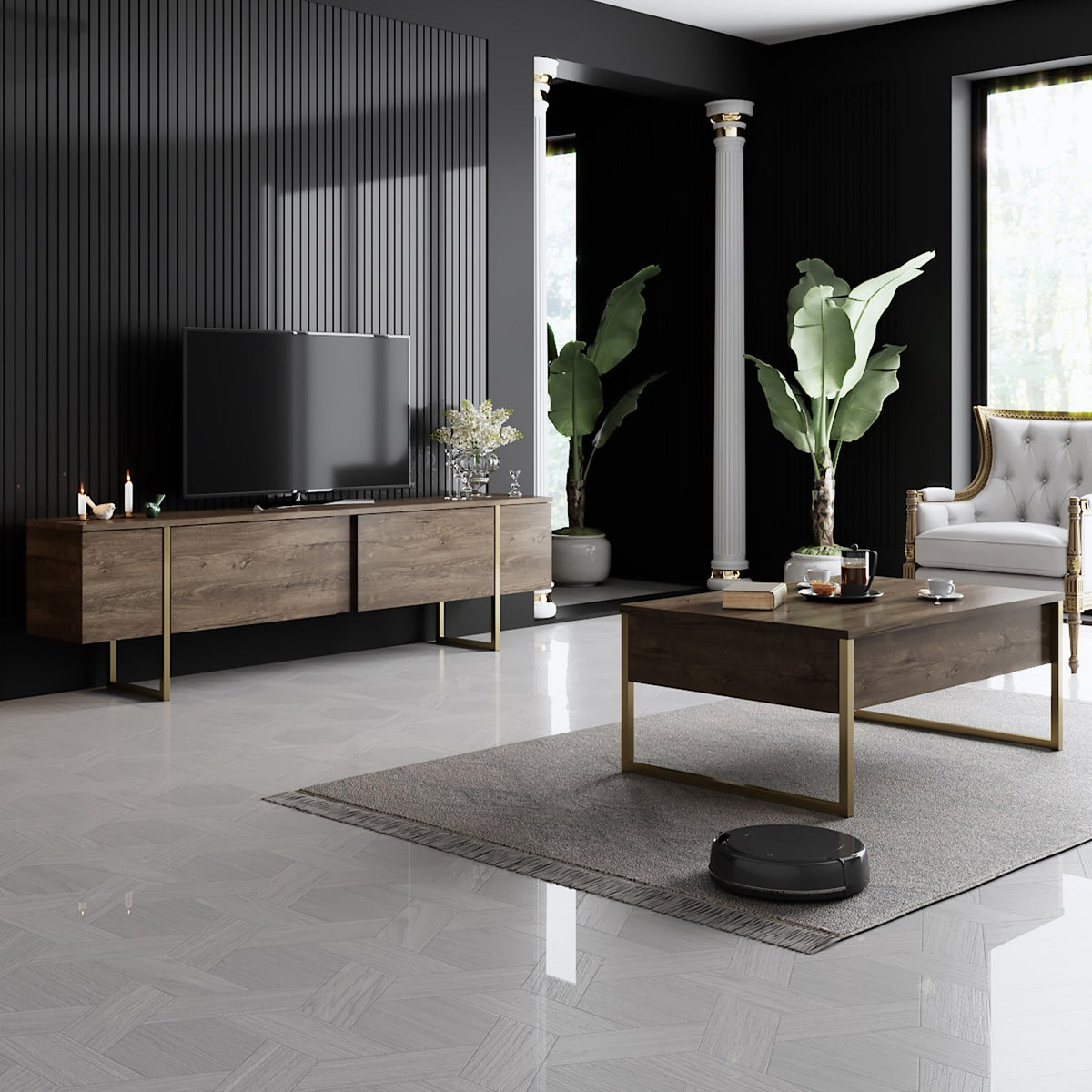 Coffee tables - Rectangular Coffee Table Walnut Luxury 90x60 - Golden Frame - Dimehouse