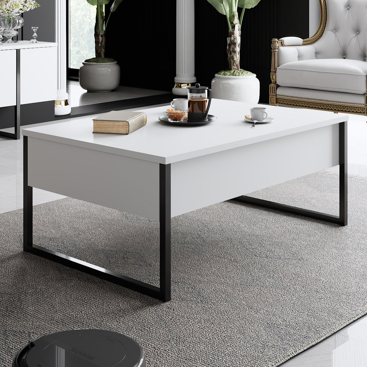 Coffee Tables - Rectangular Coffee Table White Luxury 90x60 - Black Frame - Dimehouse