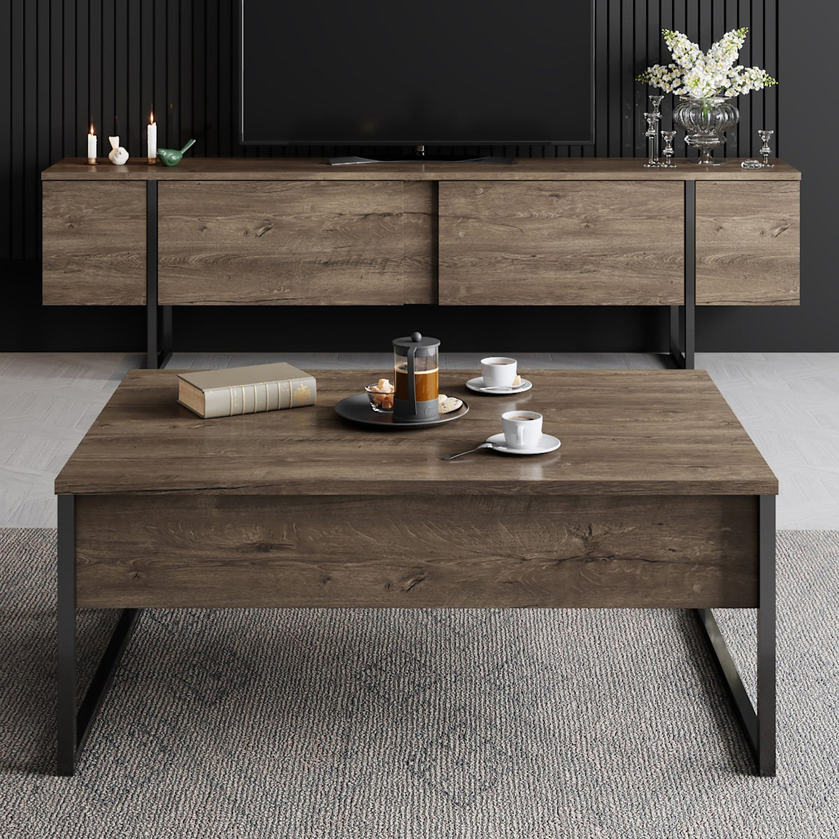 Coffee tables - Rectangular Coffee Table Walnut Luxury 90x60 - Black Frame - Dimehouse